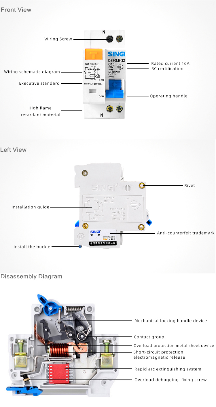 Singi DZ30LE-32 1P+N C type MCB 6kA 6-32A elce price Miniature circuit breakers 1p rcbo 30ma