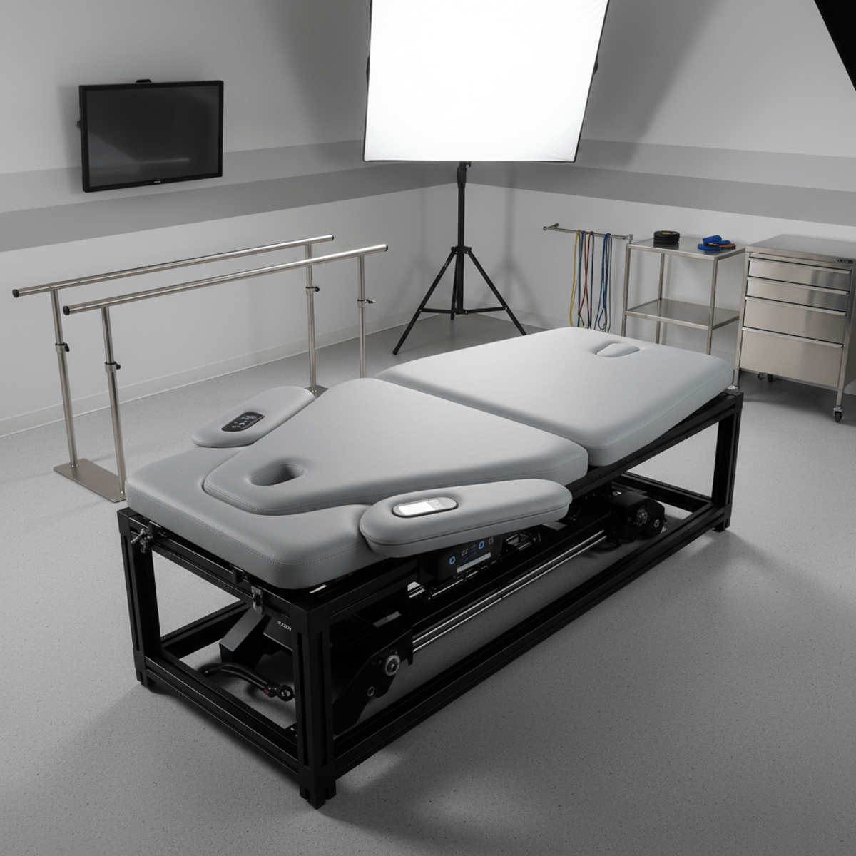 Modern bariatric therapy table, advanced healthcare design Overhead view of a modern bariatric physical therapy table with ergonomic design.