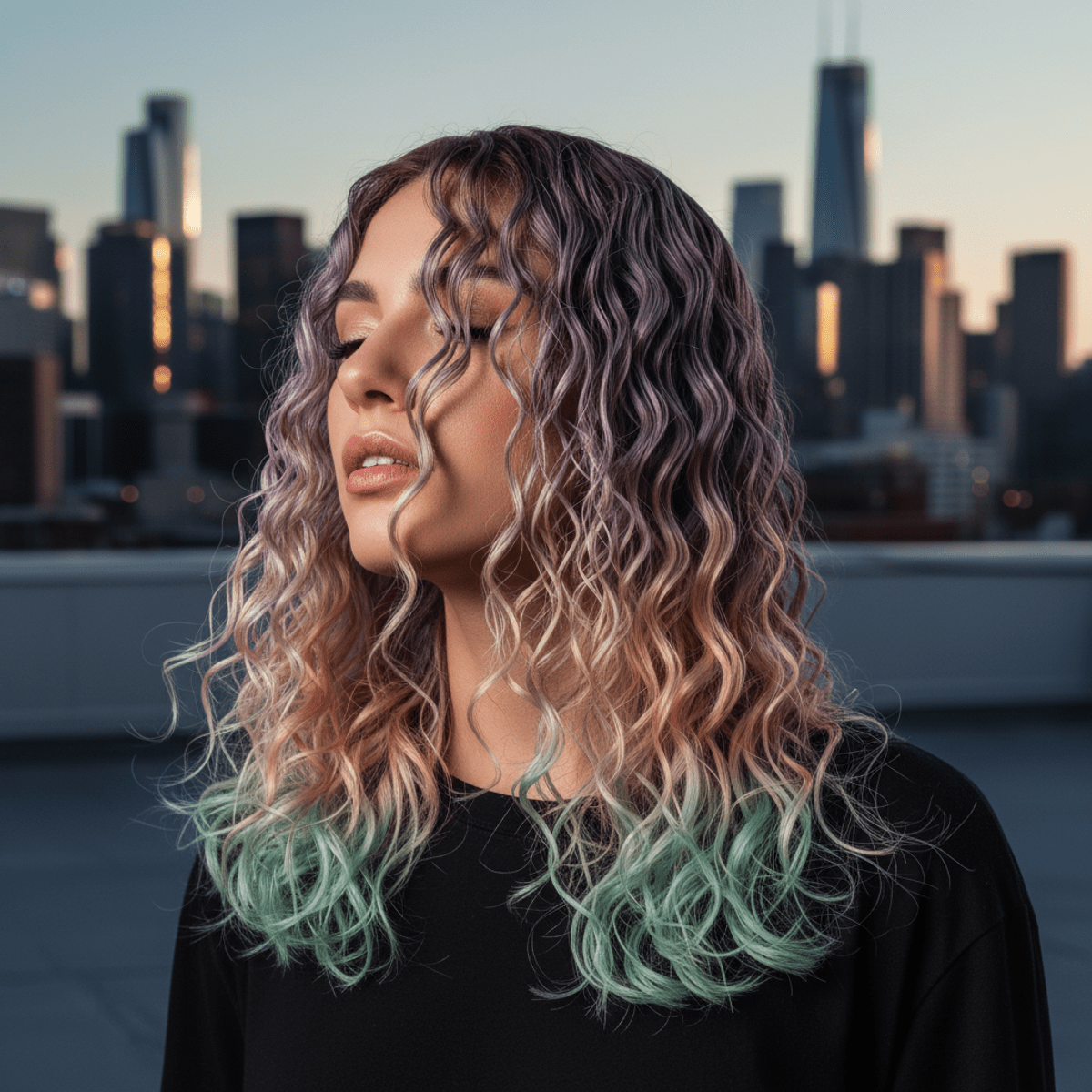Retro wet-look jeri curls with pastel ombré ends on an urban rooftop.