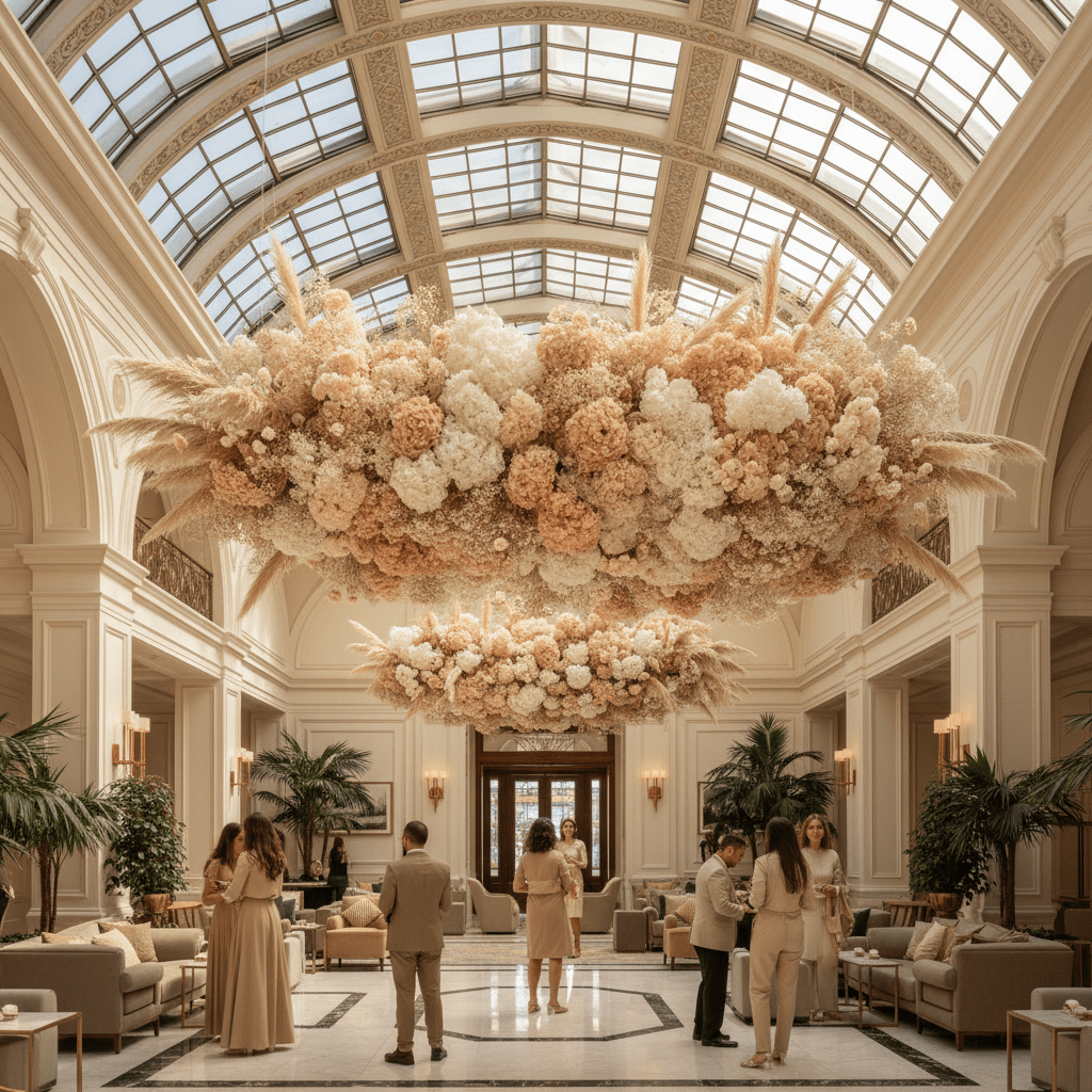 Suspended floral cloud installation of preserved flowers in a luxury hotel atrium.