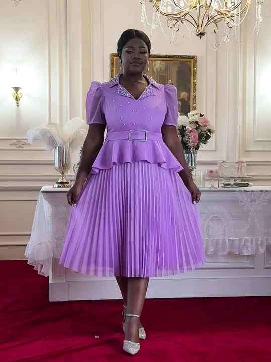AM050405 Lapel Collar Peplum Belted Beading Lavender Dress