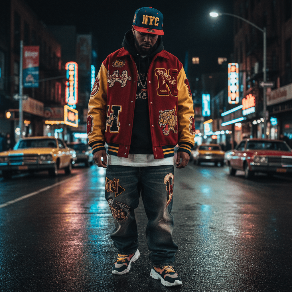Oversized 2000s hip hop varsity jacket with vibrant colors and patches on a city street.