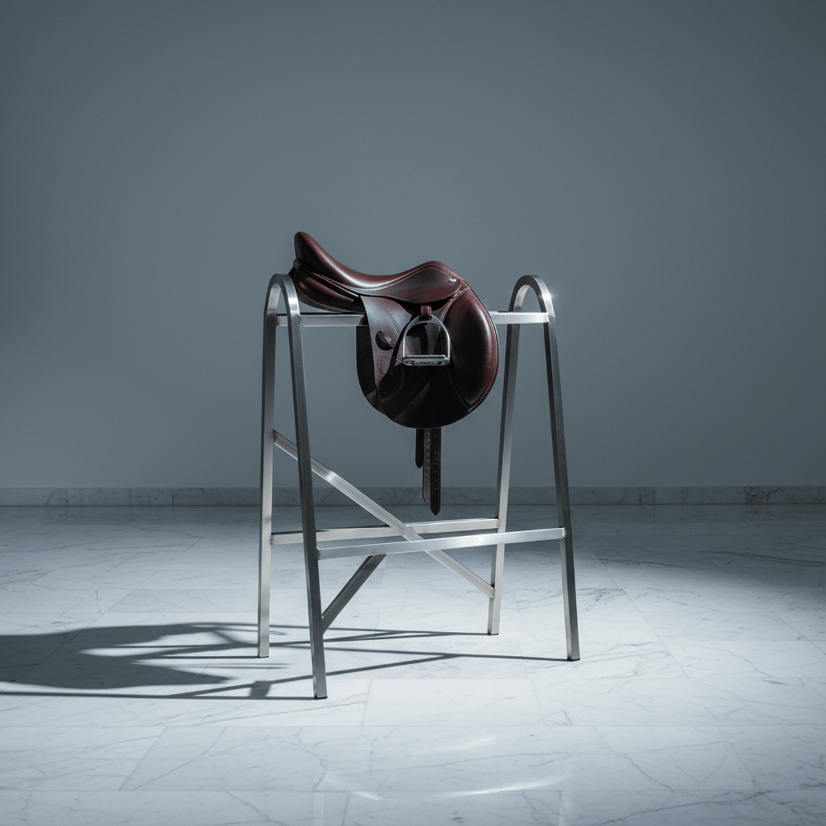 Geometric brushed steel saddle rack supporting a show saddle in an equestrian showroom.