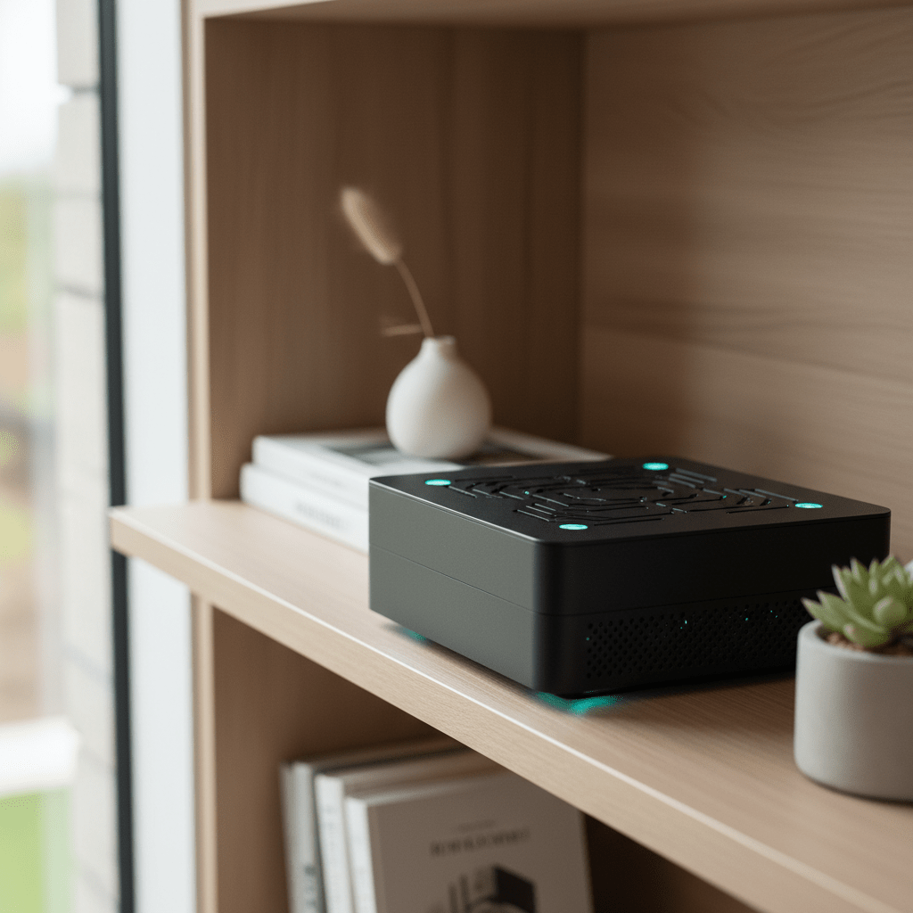 Sleek matte black smart home hub with bead-blasted finish on a modern bookshelf.