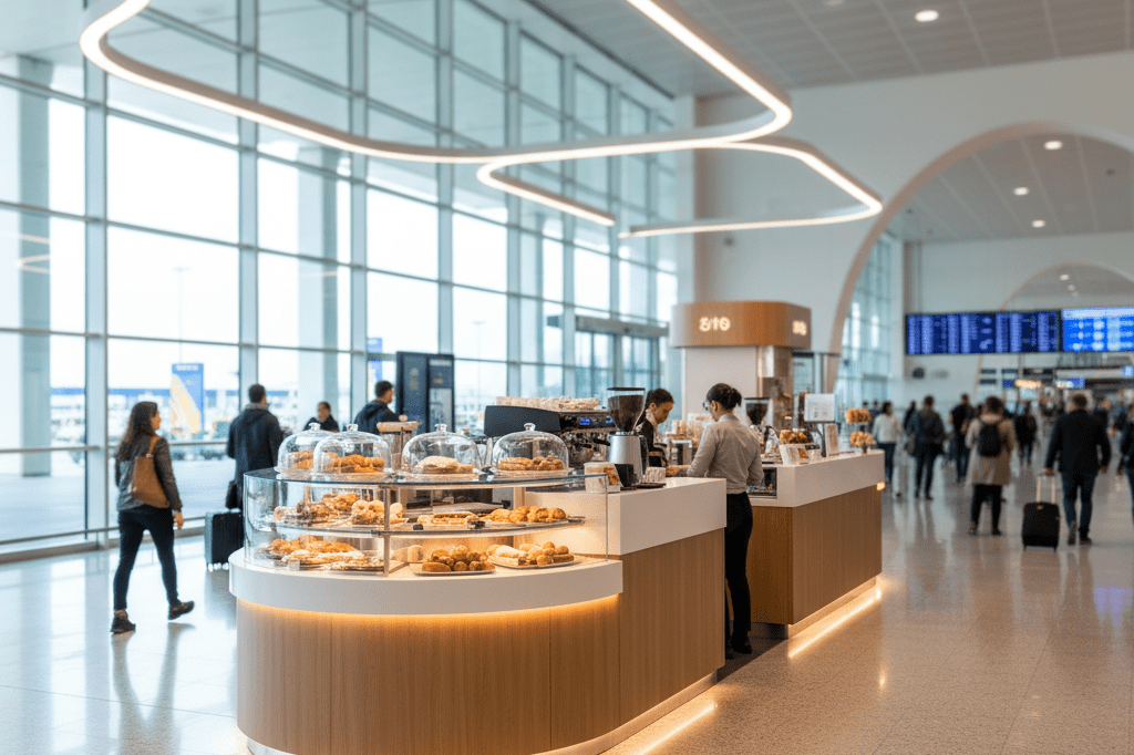Medium shot of a branded-free hospitality kiosk serving coffee in a bright Spanish airport airside area with blurred international travelers passing by