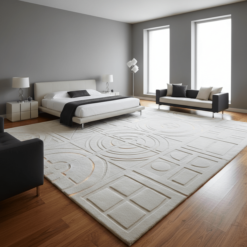 Master suite with a white sculptural carpet featuring curved patterns and geometric carvings.