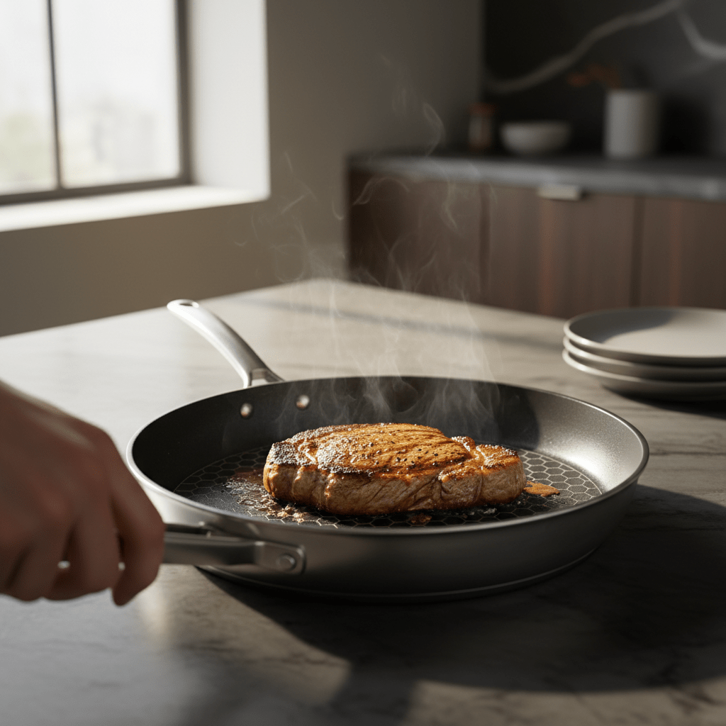 Sizzling steak rests on a hybrid hexagonal skillet with brushed steel and matte black.