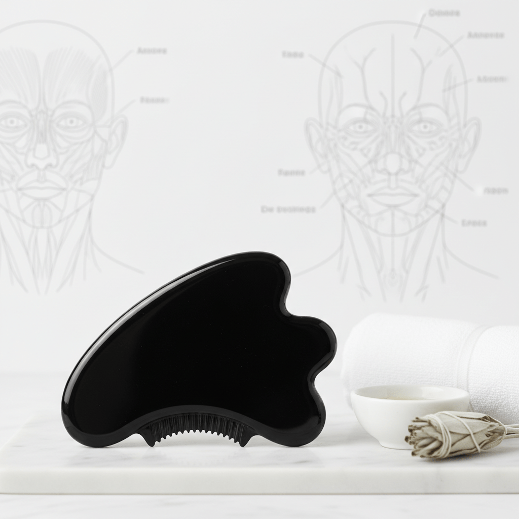 Polished black obsidian gua sha tool with seven surfaces on a marble surface.