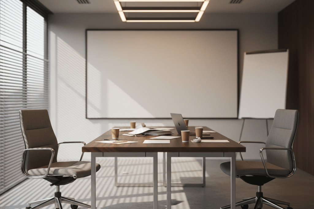 Wide shot of an empty meeting room table with papers and chairs, lit by natural light streaming through blinds