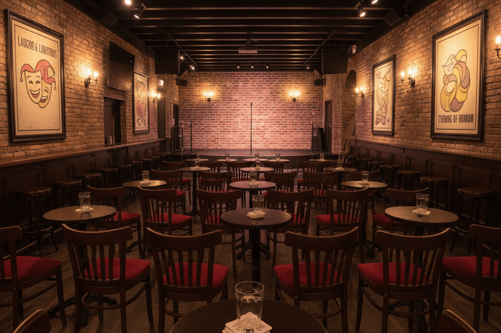 Wide shot of cozy comedy club setup with decorative hints of humor, emphasizing festival atmosphere