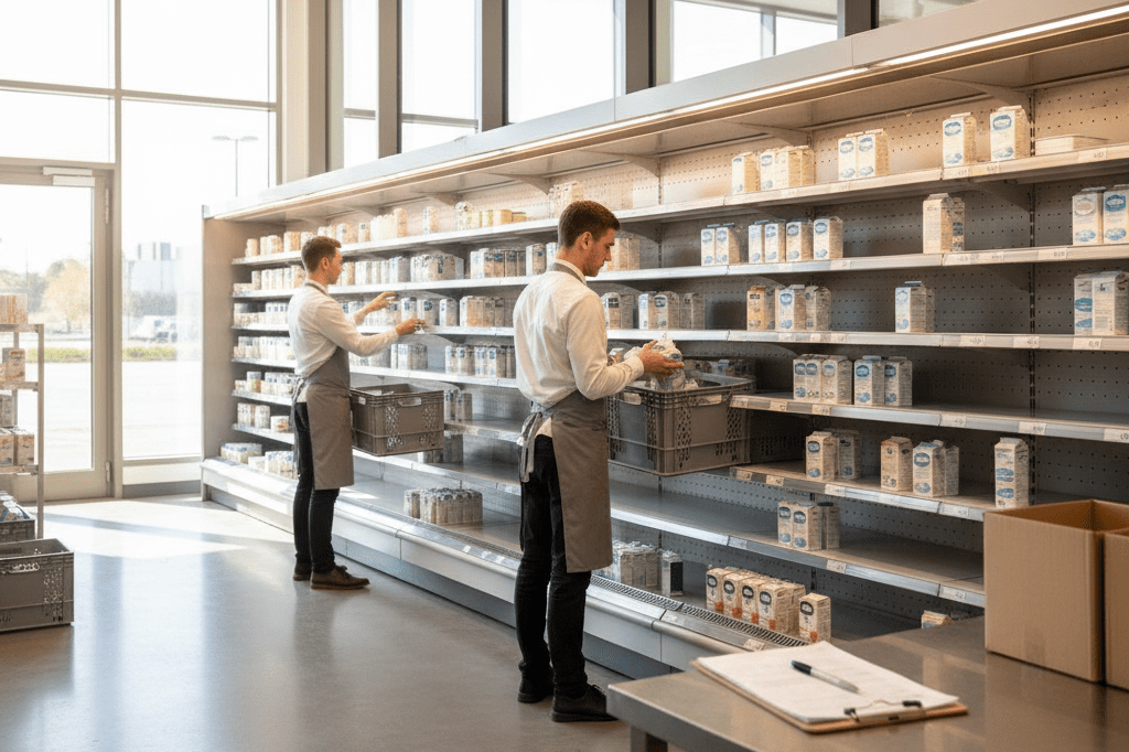 Wide shot of a retail dairy aisle with employees restocking under natural light, symbolizing efficient recall management without identifiable branding