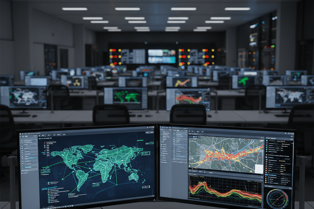 Modern transportation management center at work overnight Empty desk in a tech-enabled logistics hub with dual monitors showcasing real-time traffic analytics under warm ambient lighting