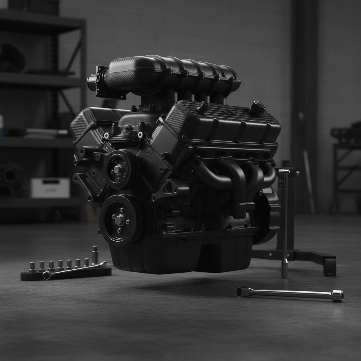 Matte black engine with carbon fiber accents on a workshop floor.