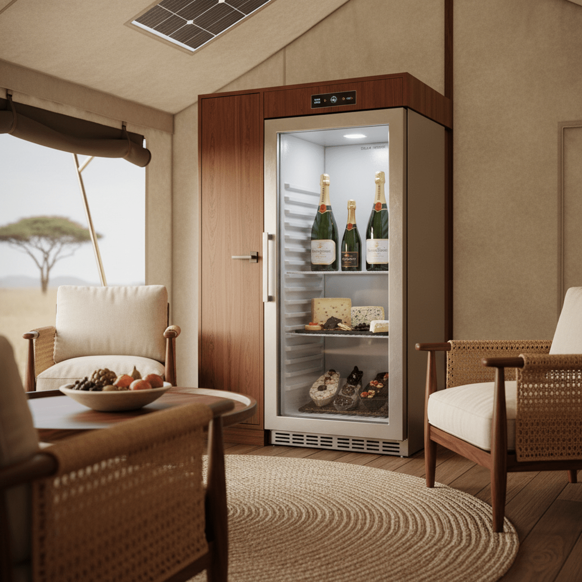 Compact solar refrigerator integrated into a luxurious safari tent with gourmet food.