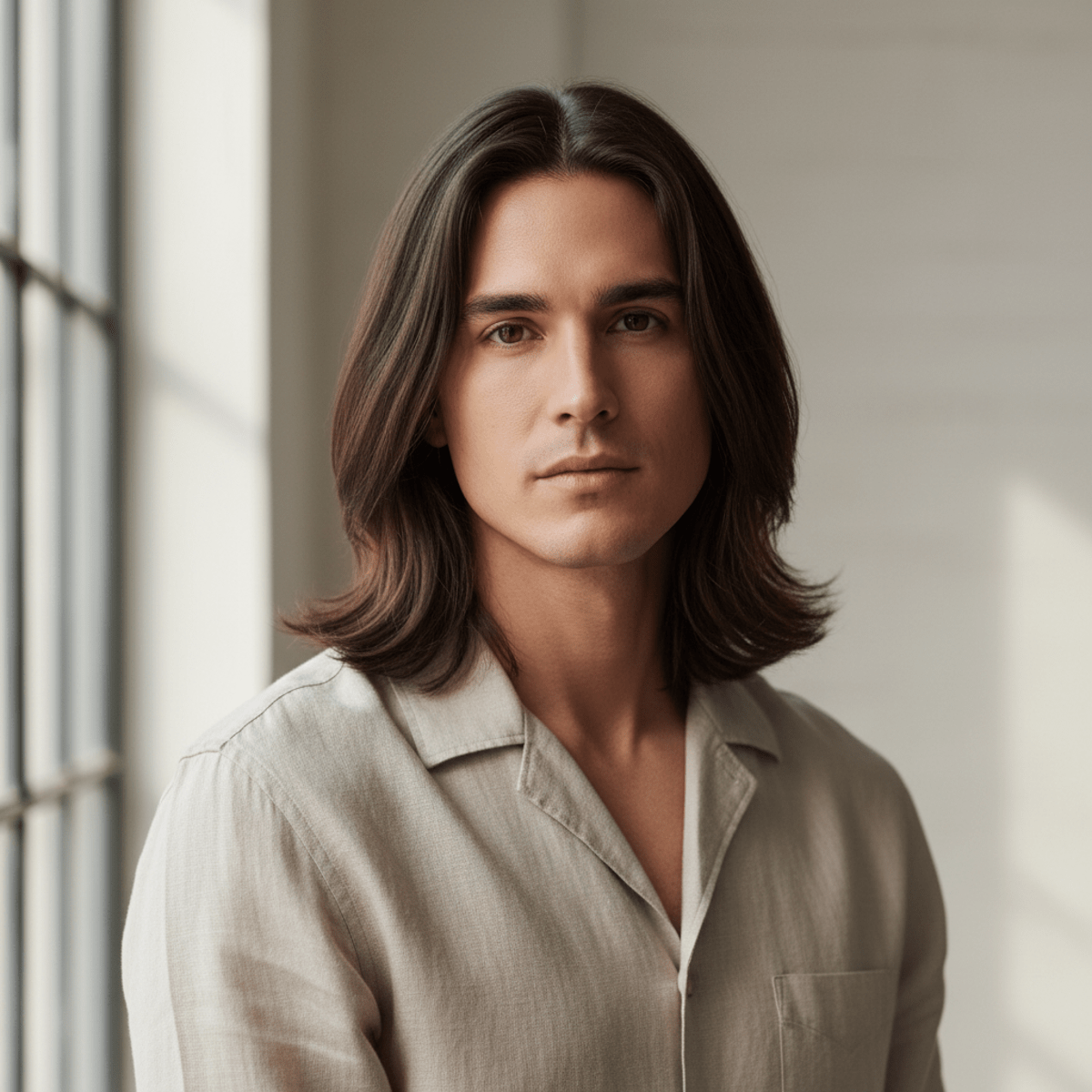 Man with shoulder-length polished bro flow hairstyle, silky smooth strands with natural shine.