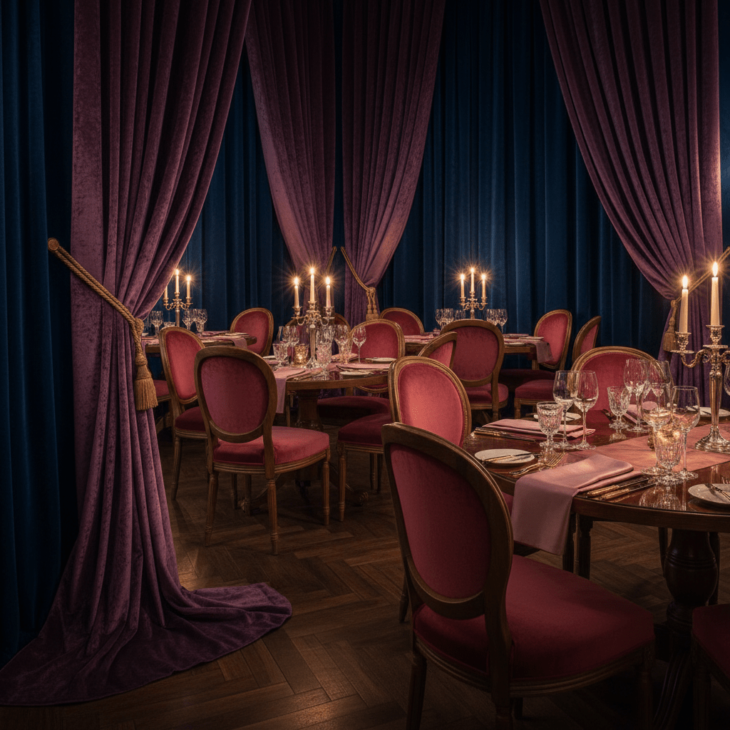 Elegant dining room with rich velvet and deep jewel tones. Opulent dining room with navy velvet walls, plum curtains, and ruby chairs.