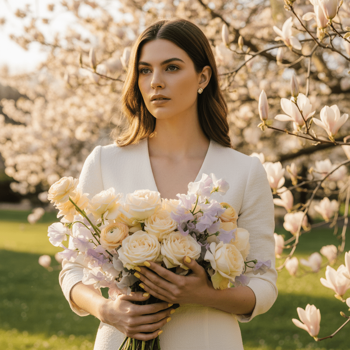 Fashion model in spring with soft yellow cream finish nail polish and pale flowers.