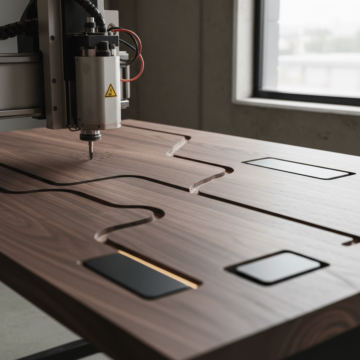 Precision router carves hidden channels into walnut desk for tech integration.