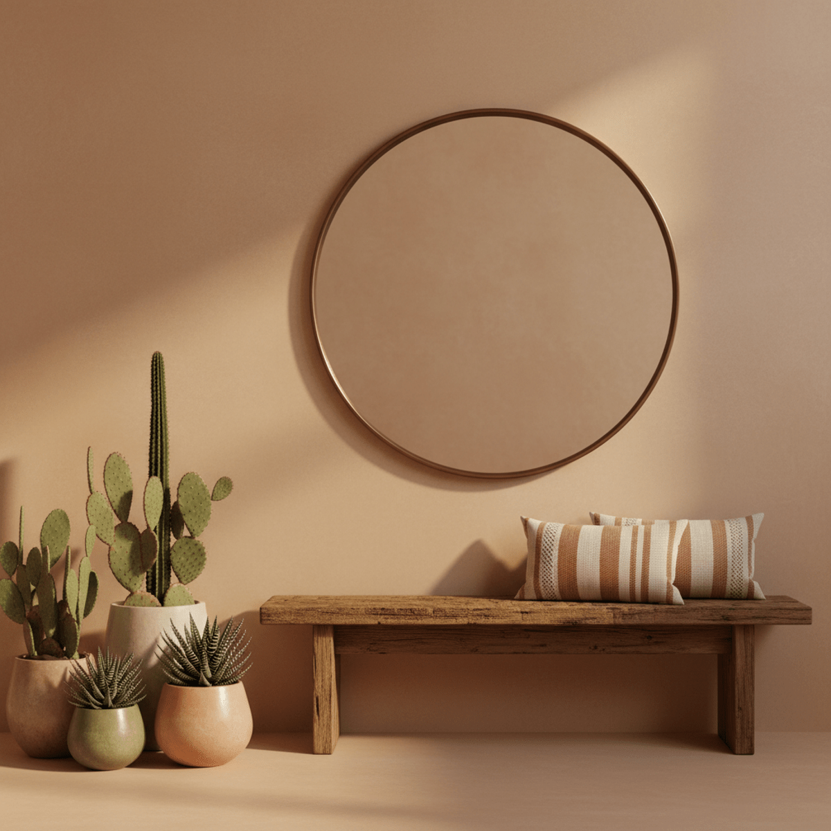 Desert-inspired entryway with tan walls, round mirror, and rustic wood bench.