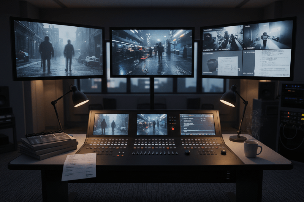 Medium shot of a dimly lit TV control room with monitors showing abstract thriller visuals, editing console, and production materials — no people visible