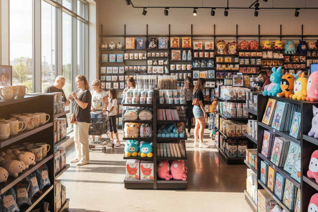 Wide-angle photo of shoppers browsing character-themed products in a well-lit retail environment, showcasing consumer interest in entertainment trends