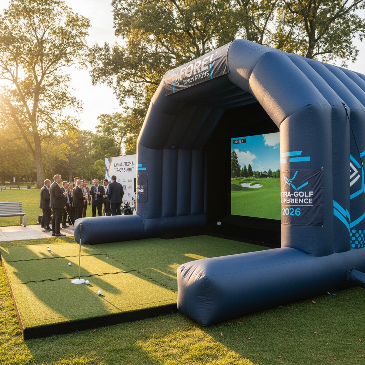 Inflatable golf simulator in a sunlit park with guests mingling.