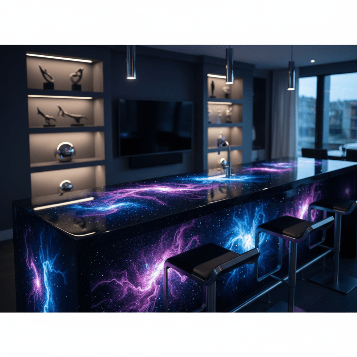 Deep black epoxy countertop with swirling pearlescent nebula patterns and glowing stellar formations.