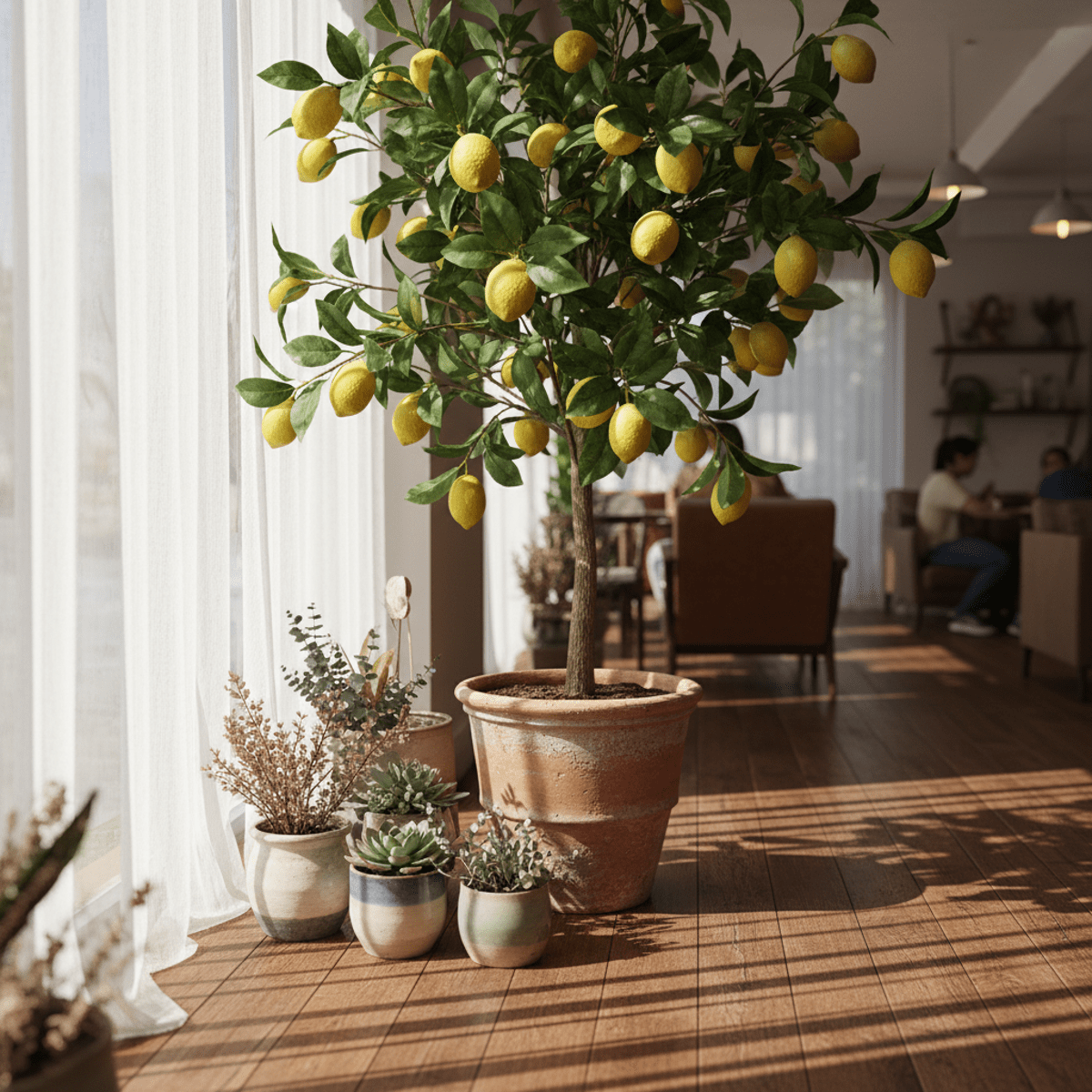 Hyper-realistic faux lemon tree with vibrant fruit beside a cafe window.