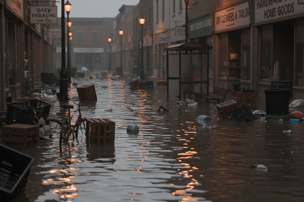 Flooded streets disrupting supply chains in urban business zones Wide-angle view of a nighttime flood impacting shops and logistics, highlighting infrastructure vulnerability during extreme weather events