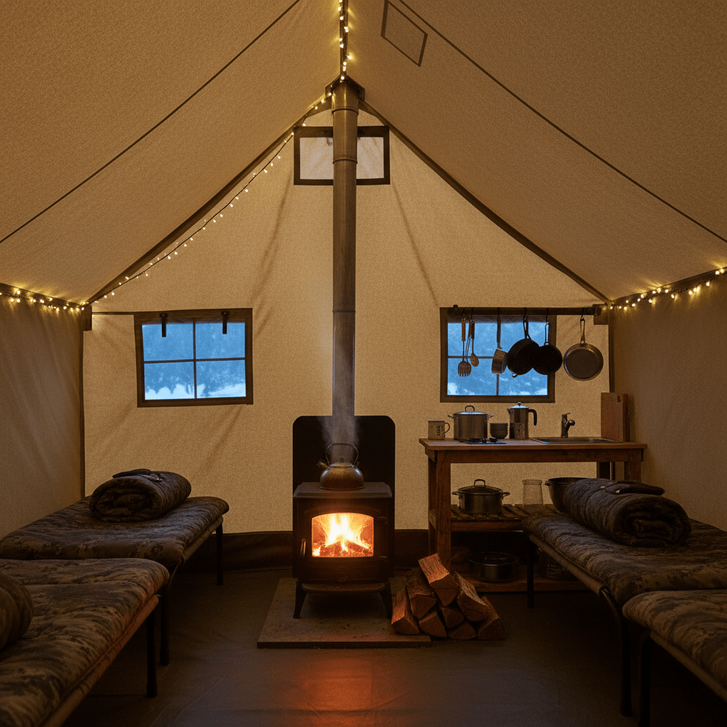 Spacious canvas wall tent interior with wood stove and rustic kitchen setup.