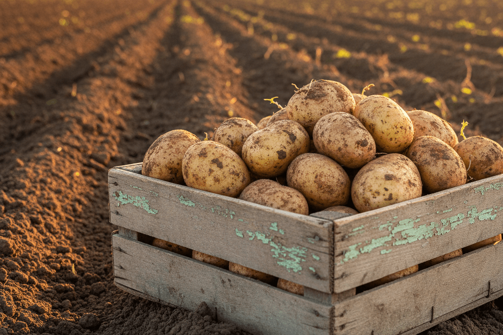 Medium shot of rustic wooden crate filled with earthy, unwashed potatoes on tilled soil in golden-hour farmland