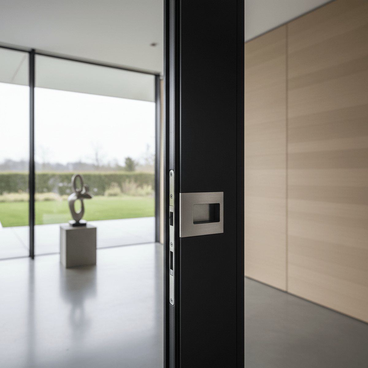 Sleek matte black door frame with concealed auto opener in a modern luxury interior.