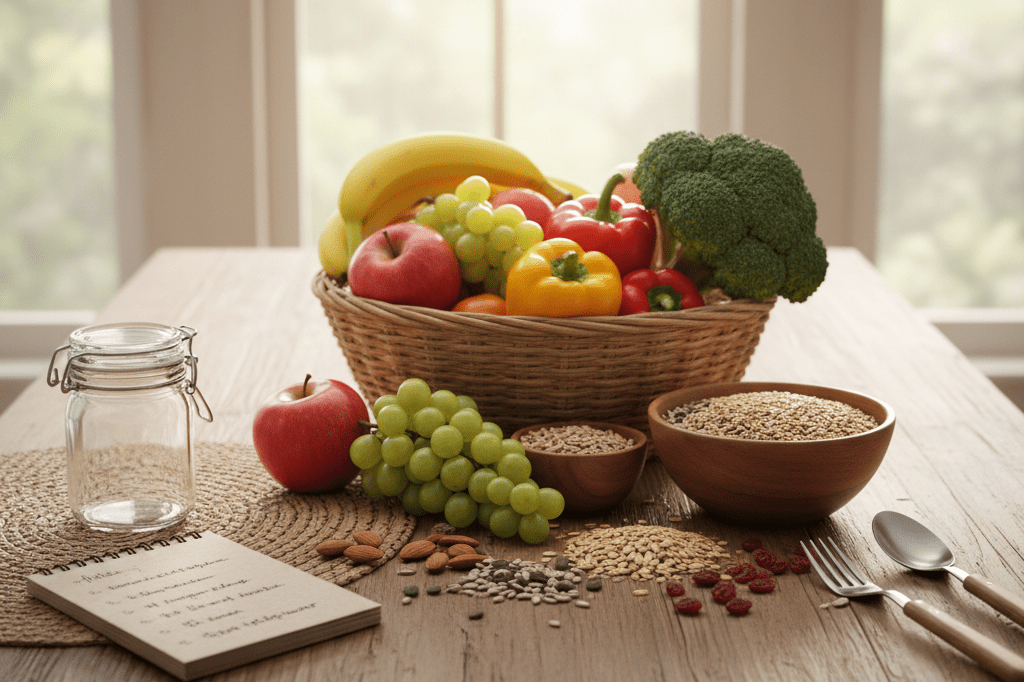 Table setting showcasing fresh fruits, vegetables, grains, and meal-planning tools under natural light, emphasizing nutritional quality over numbers