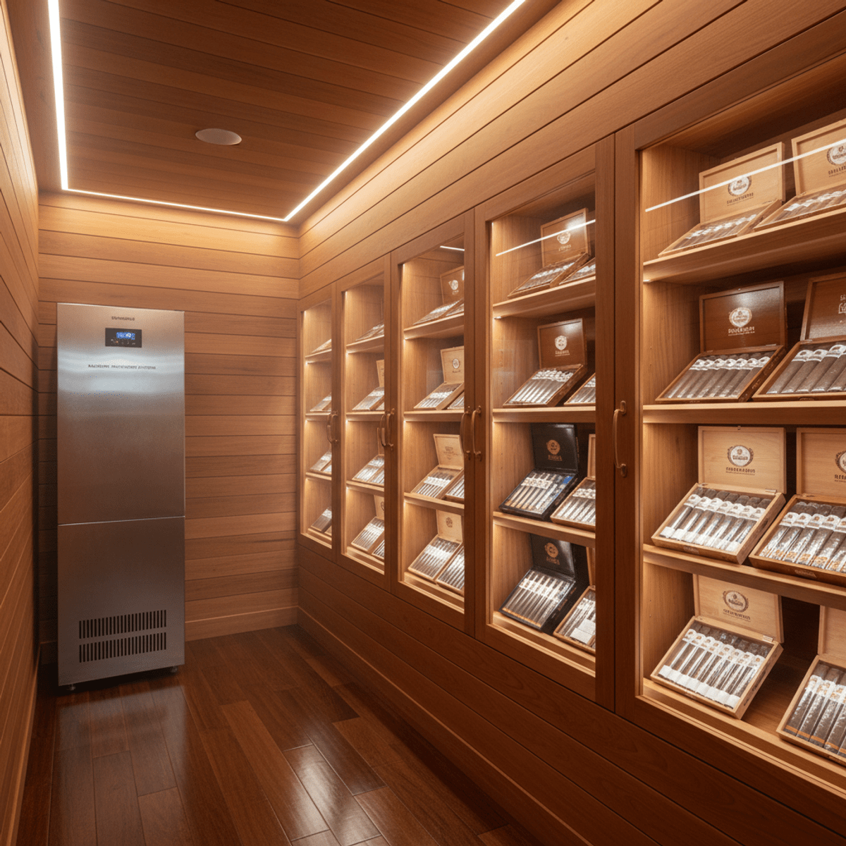 Luxurious walk-in cigar humidor with Spanish cedar, glass displays, and stainless-steel humidifier.