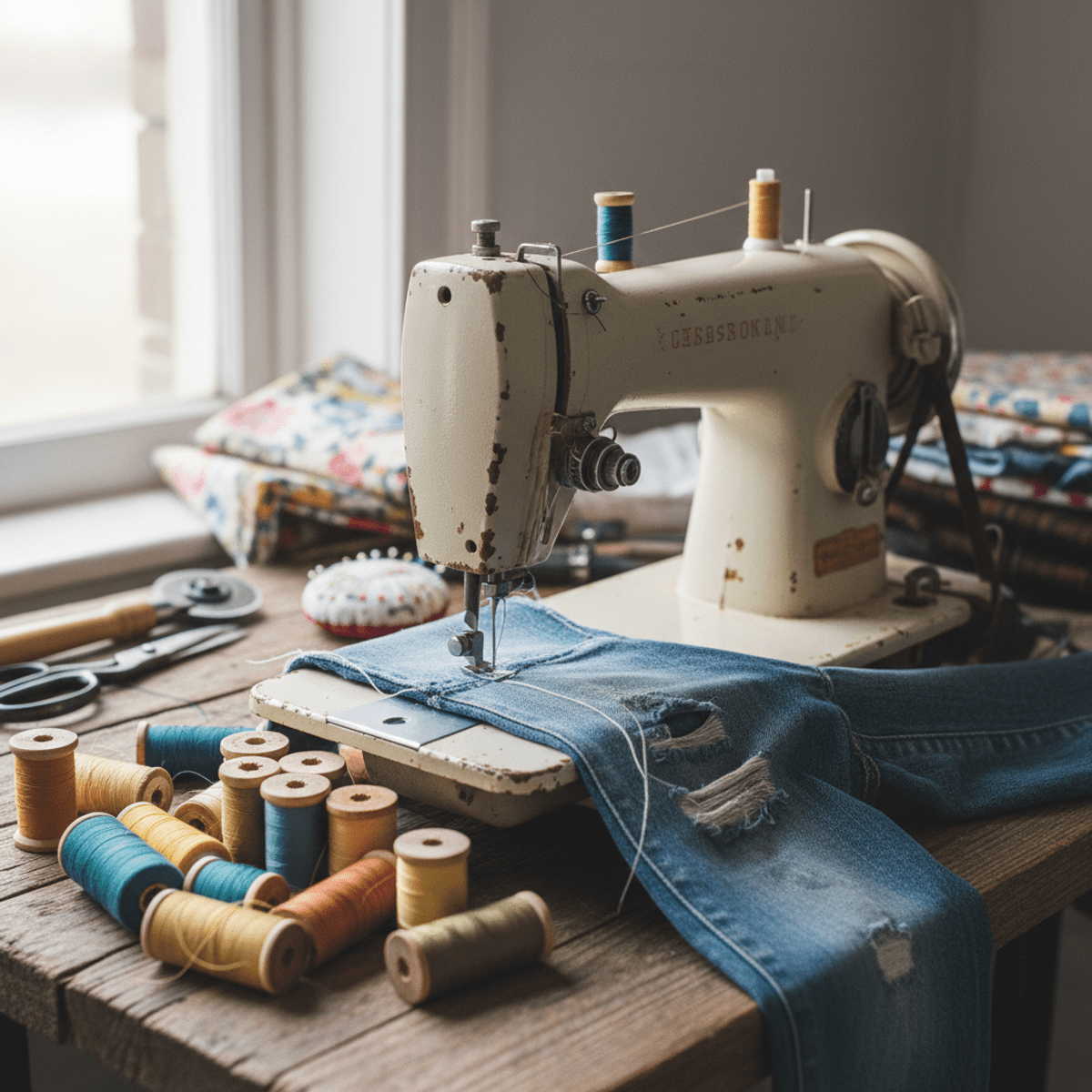 Close-up of a vintage sewing machine mending distressed denim jeans on a rustic table.