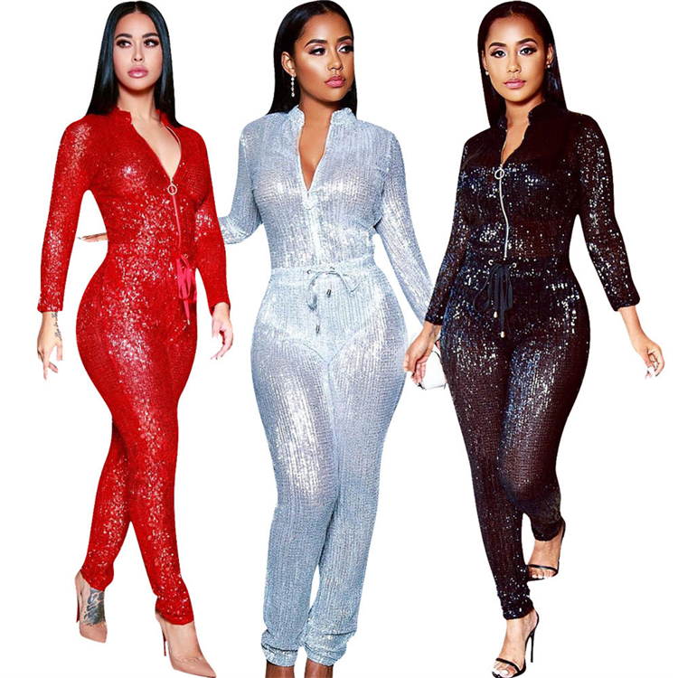 M941-women fashion long sleeve sparkly sequin jumpsuit for ladies one piece jumpsuit