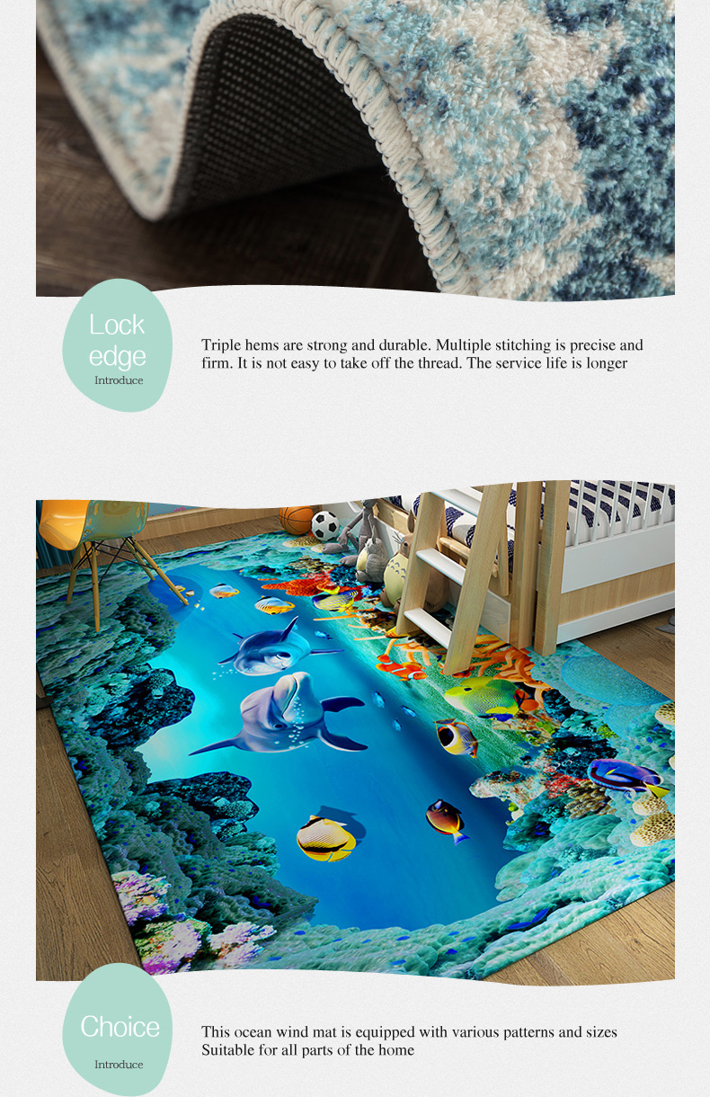 Children Cute Fluffy Cartoon Kids Blue 3D Ocean Series Carpet For Living Room Fish