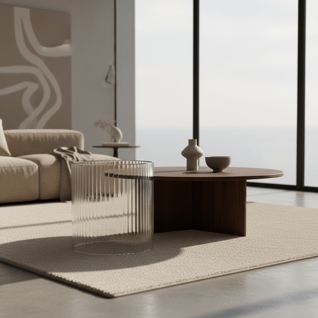 Minimalist walnut and fluted glass coffee tables in a sunlit modern living room.