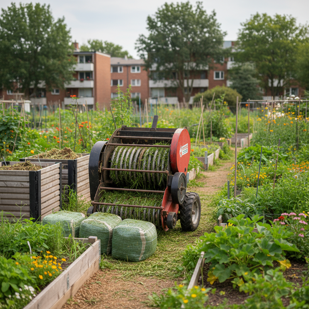 Mini round baler compacting grass clippings in a vibrant urban community garden.