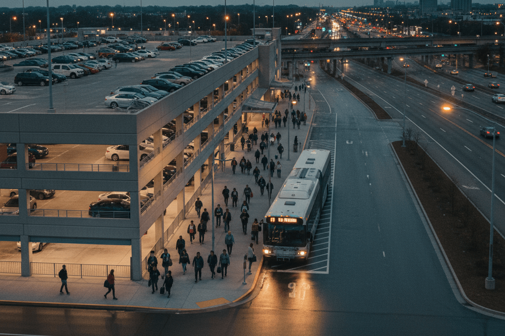 Wide shot of commuters at a modern Park & Ride facility under ambient lighting, highlighting efficient urban transportation solutions