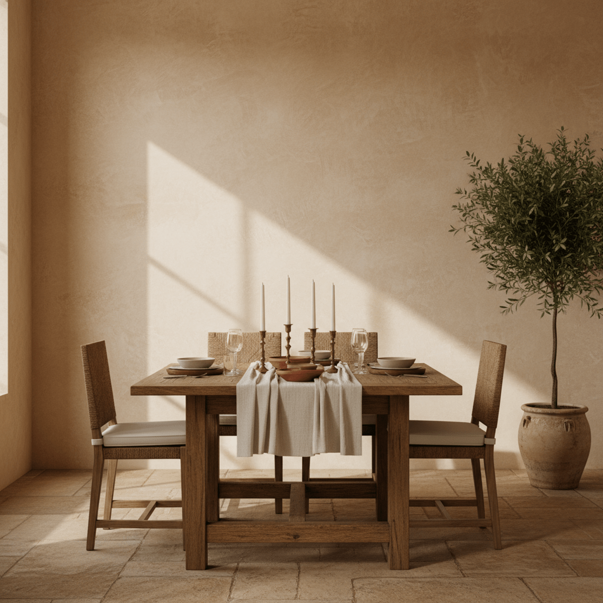 Tan limewash accent wall with chalky, organic texture in a rustic villa dining room.