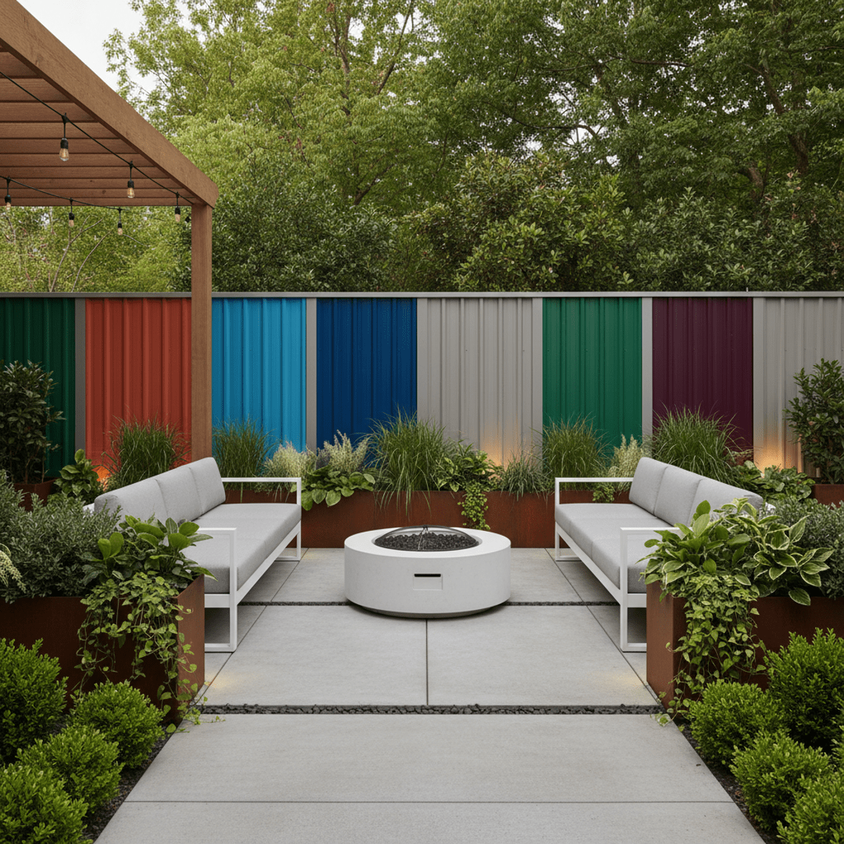 Outdoor entertainment space with bold color-blocked corrugated metal fence panels.