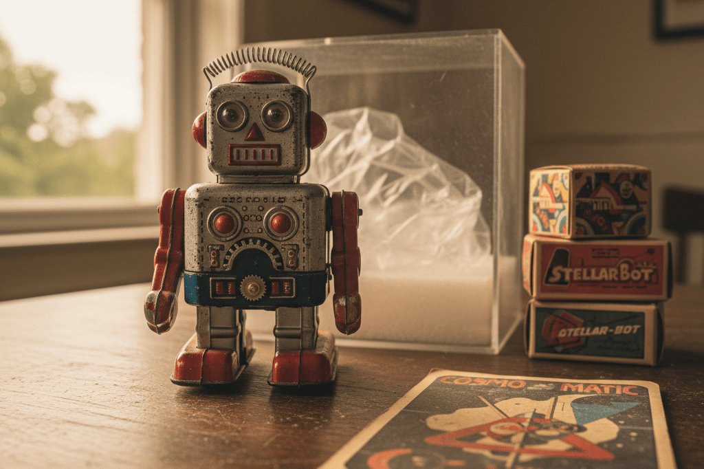 Close-up of a vintage toy robot with retro packaging under warm ambient light, evoking emotional connections to legacy merchandise