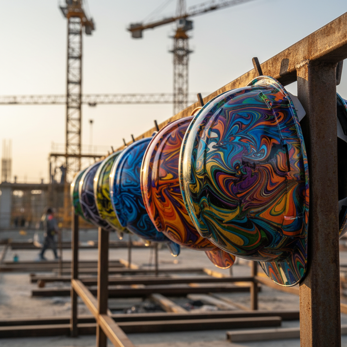 Vibrant abstract hard hats with geometric designs hang on a steel rack.