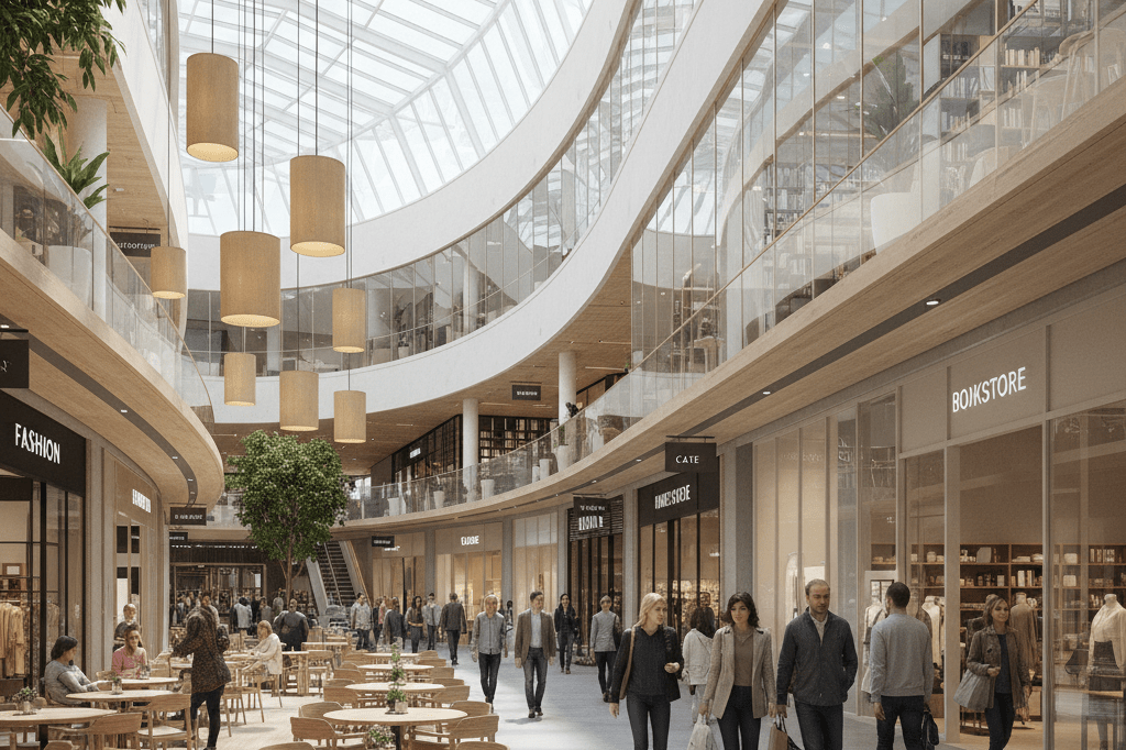 Wide shot of a stylish shopping mall combining retail, dining, and residential areas under soft ambient lighting