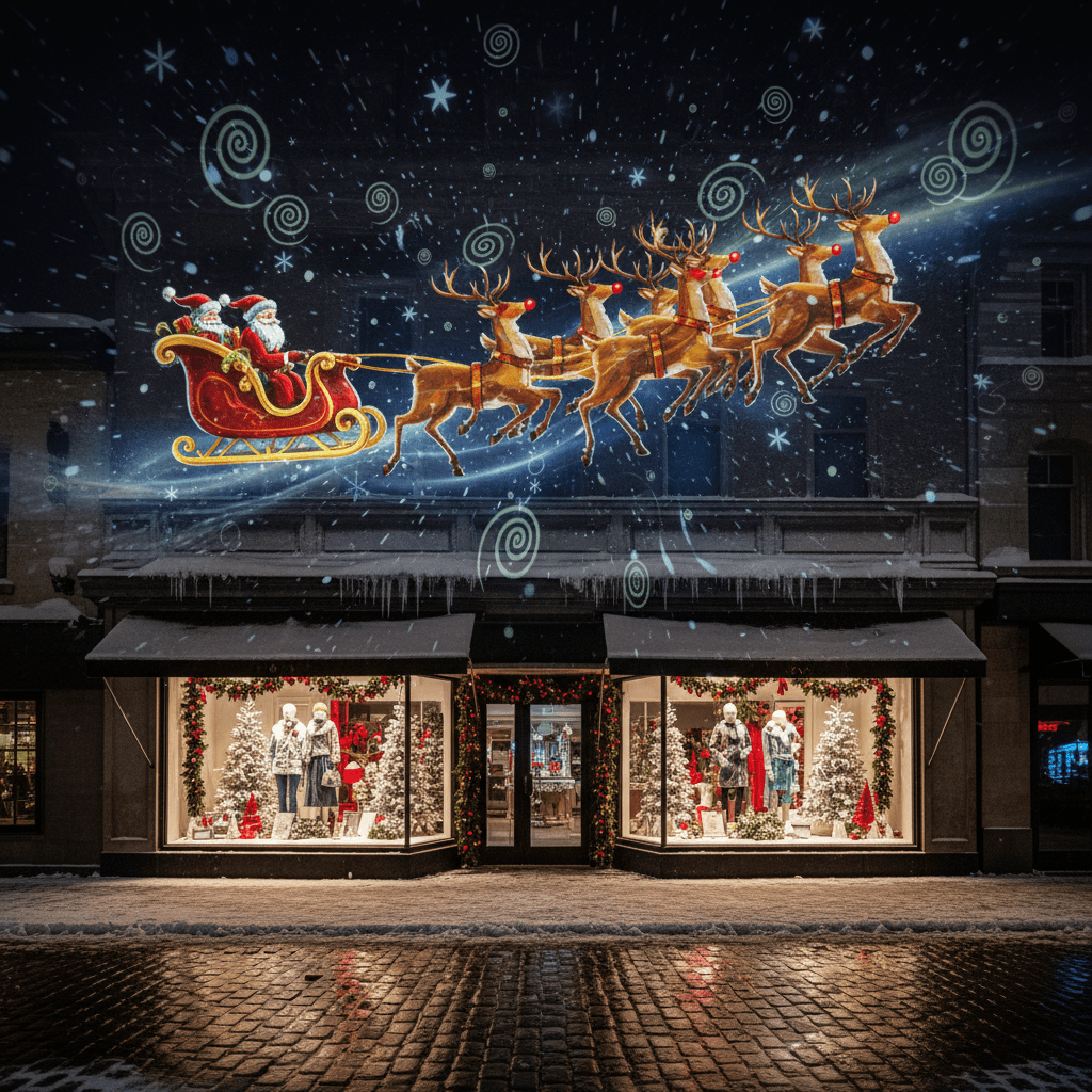 Animated Santa sleigh projection over a snowy city storefront with vibrant storybook colors.