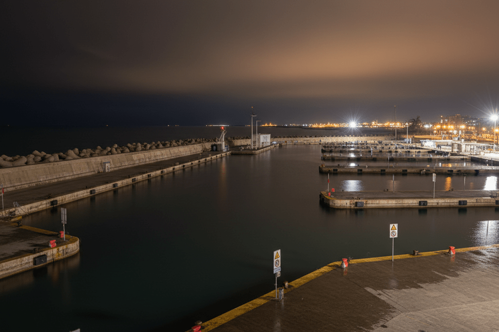 Wide shot of illuminated breakwaters and jetties under ambient light, emphasizing nighttime travel risks in Barcelona's port district