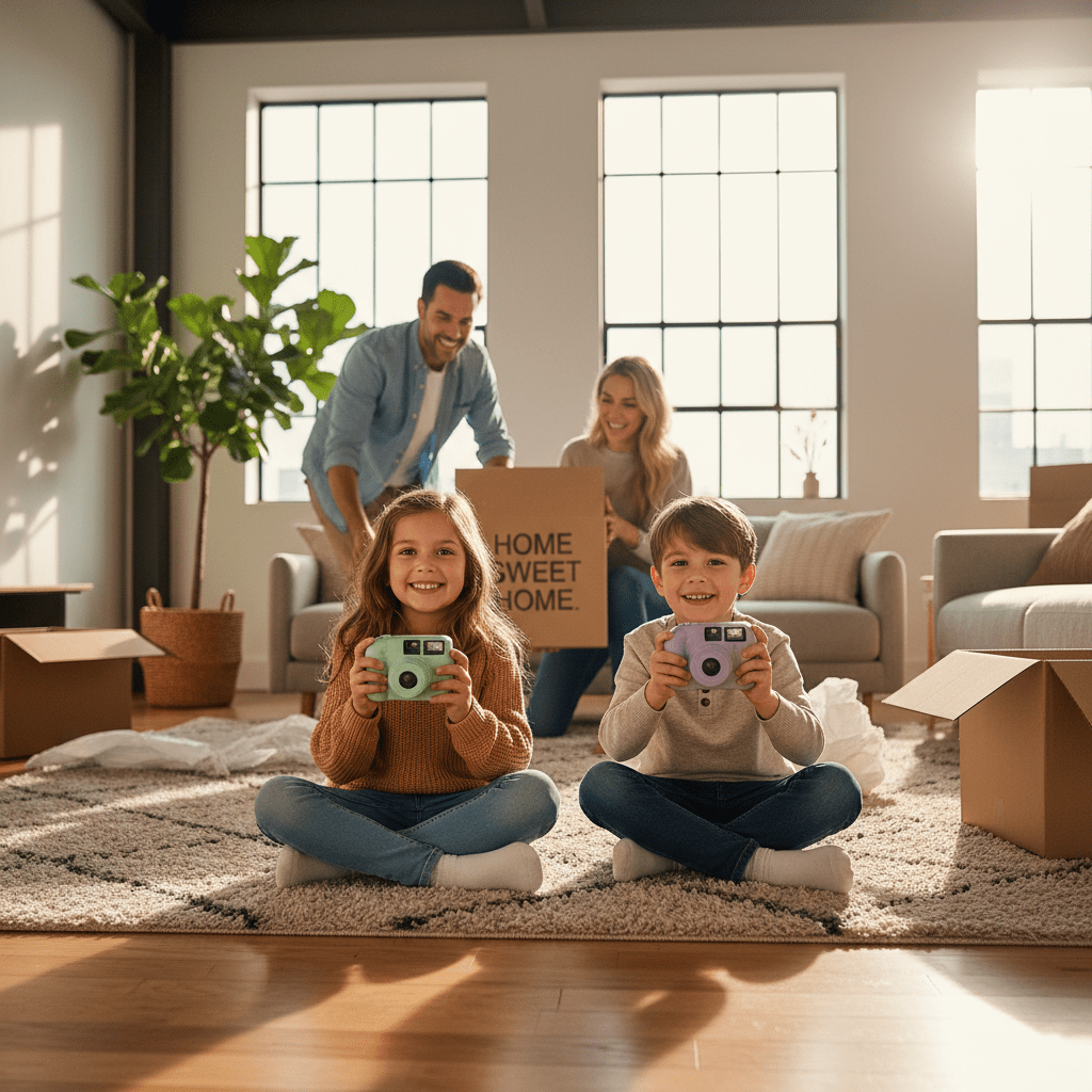Family in a sunlit living room, children holding pastel disposable cameras.
