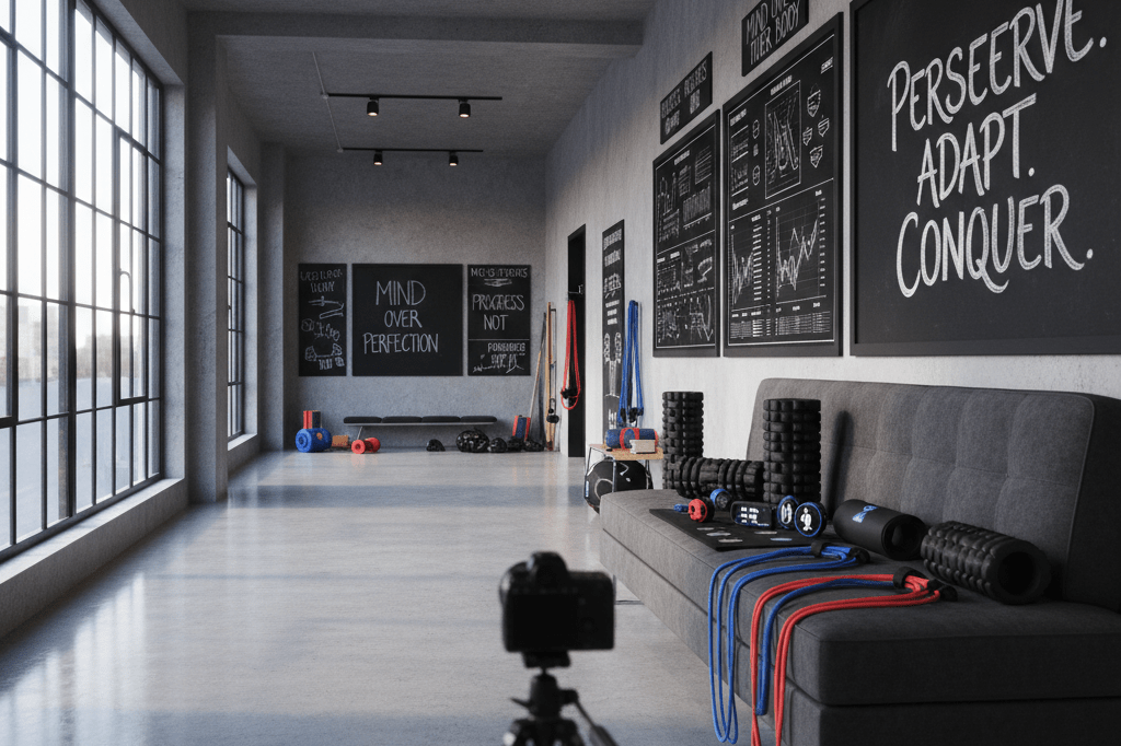 Professional athlete's recovery-focused training area featuring innovative gear and supportive tools under warm natural lighting