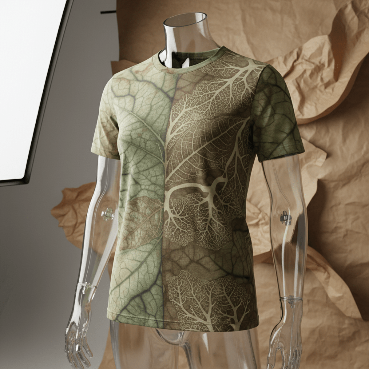 Sustainable t-shirt with organic bio-textural graphics in muted greens and browns.